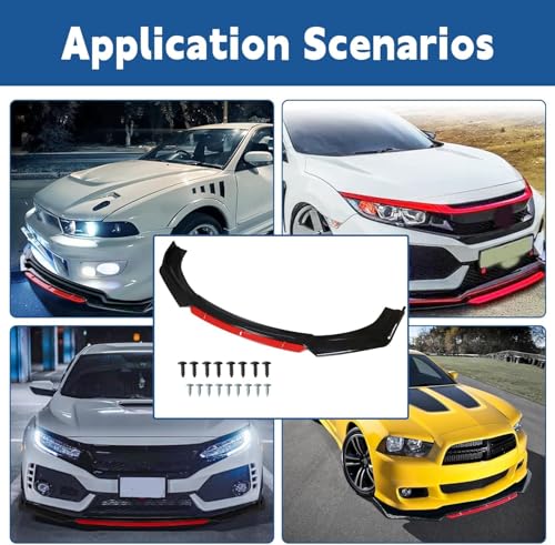 Image of Universal Front Bumper Lip Spoiler Kit | 4-Piece Glossy Black with Red Accent | 147-154 cm Width | Car Styling & Aerodynamic Body Kit | Durable Front Bumper Protector for Cars