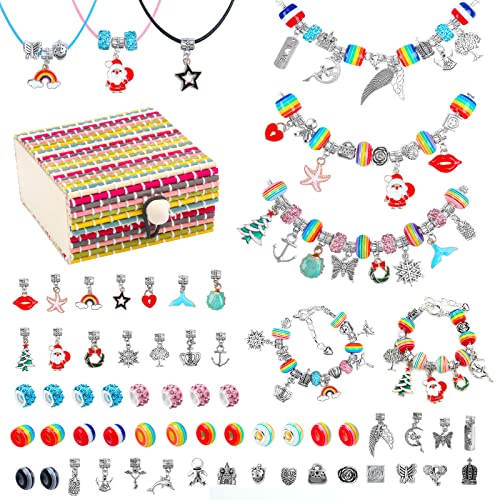 Zilams 60 Pièces Kit Bijoux Bracelet Breloques Fille Fabrication Bijoux Enfant Perle DIY avec Chaîne Plaqué Argent Collier pour Cadeaux Anniversaire Noël Ado Cover