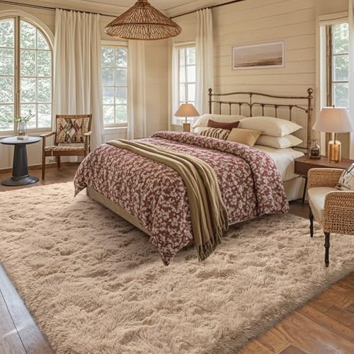5x8 Living Room Rugs Fluffy Neutral Beige Area Rug,Modern Plush Non-Slip Soft Bedroom Shag Carpet for Book Room Office,Coffee Stain Resistant