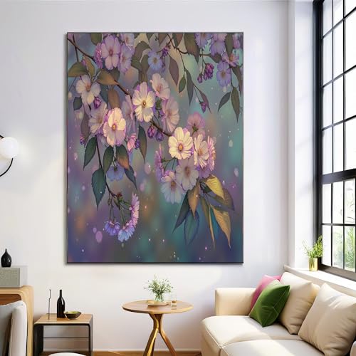 Art mural fleurs de cerisier 80x120 cm - Tableau décoration motif aquarelle vintage rose