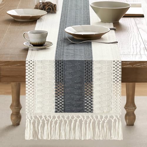 Image of ZeeMart Macrame Style Bicolor Stitching Table Runner, 14 x 60 Inch Charcoal /Ivory, Boho Dark Grey Table Runners 60 Inches Long, Farmhouse Woven Home Decor