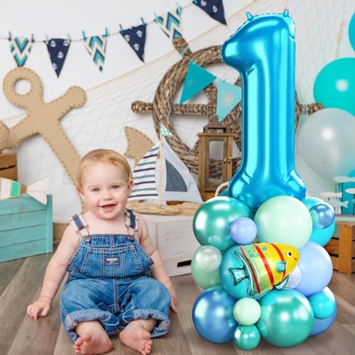 Image of Blue Number 1 Balloon 40 Inch Ocean Under the Sea Number One Foil Balloons Tower with Shark Bubble Fish for Boys First 1st Birthday Party Decor Green Underwater Digital Aluminum Balloons Stack