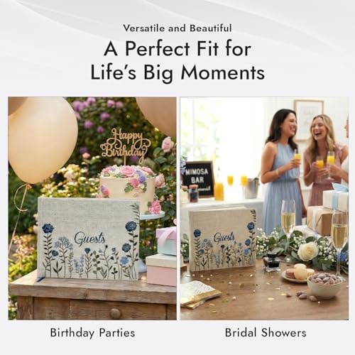 Image of Linen Embroidered Photo Wedding Guest Book-Premium Hardcover Polaroid Guestbook for Wedding Reception, Baby Shower, Bridal Shower, Funeral, Graduation -160 Pages for Notes 10.25 inch x 8.25 inch (Dusty Blue)