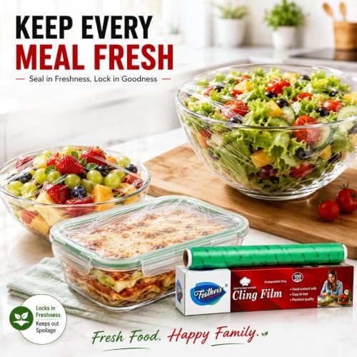 Image of Feather's Cling Film Wrap Food Biodegradable Multipurpose Food Wrapper Non-Stick Microwave Safe (Pack of 2, 100m)