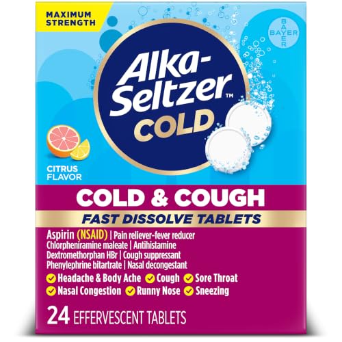Alka-Seltzer Cold Cold & Cough Max Strength Fast Dissolve Tablets Cough Medicine Multi-Symptom Relief Body Aches and Pains Congestion Relief Citrus Flavor 24 Count (Packaging May Vary)