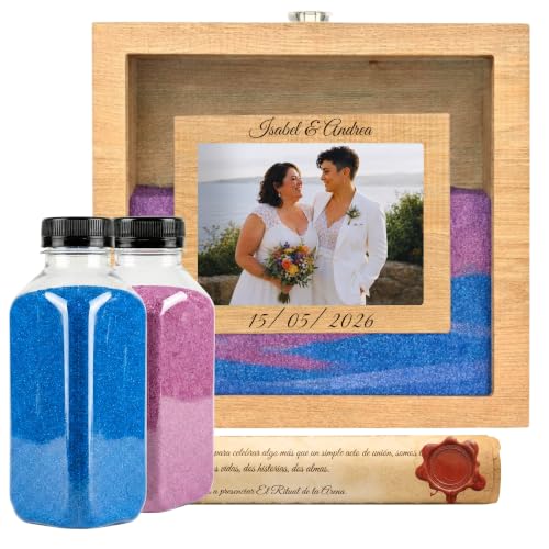 Kit Cérémonie du Sable pour Mariage en Bois de Chêne | 2 Flacons Colorés 800g | Cadre Photo 10x15cm | Personnalisable avec Date et Prénoms des Mariés (chêne, sable bleu et violet)