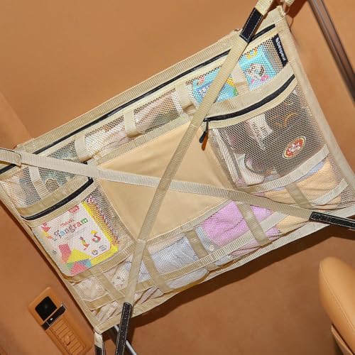 Bespeur Car Ceiling Cargo Net with 2 Pockets 31.5x21.6 Overhead Storage Mesh Organizer for SUV and Mini Van Double Car Net for Road Trip Essentials Camping Gear Vehicle Roof Storage Beige