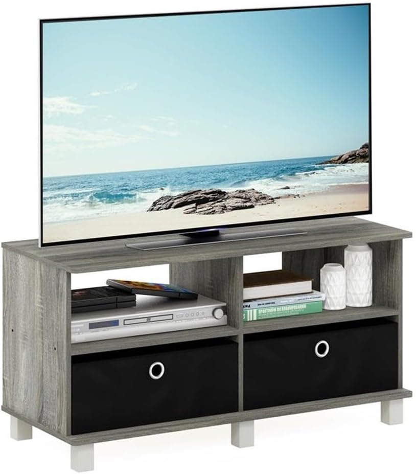 Pemberly Row Wood Entertainment Center, 37.8 in Wide, Oak Gray/Black Finish, Composite Wood, Fits TV up to 43 in, Sturdy Modern Media Stand, Rounded Edges, Functional Living Room Storage