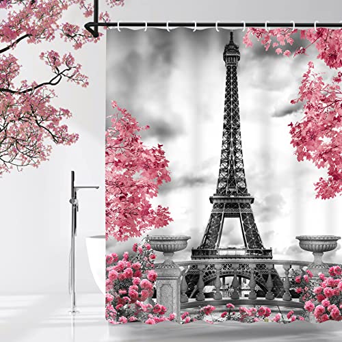 Claswcalor Paris Eiffel Tower Shower Curtain, Pink And Grey Shower Curtains For Bathroom Decor, Art Romantic Landscape Shower Curtains With 12 Hooks, Waterproof Fabric Bathroom Curtain For Women #TOP14