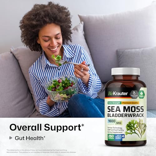BIO KRAUTER Irish Sea Moss Capsules - Vegan Sea Moss Formula - 1600 mg Bladderwrack with Chondrus Crispus Sea Moss Capsules Supplement - 250 Seamoss Capsules