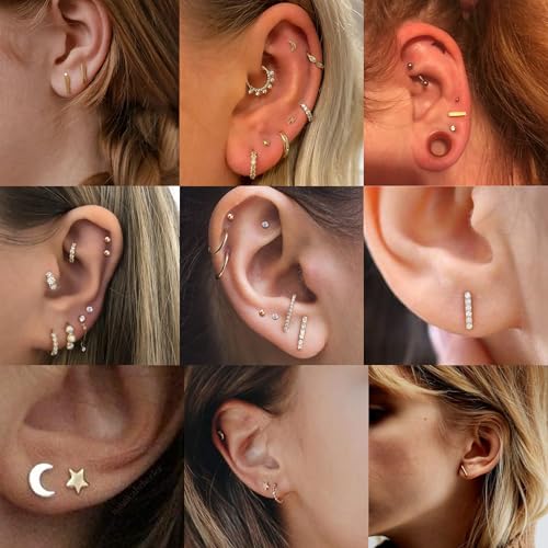 FIBO STEEL 9 Pairs Stainless Steel Stud Earrings for Women Star Moon Bar CZ Earring Stud Sets Cute Hypoallergenic Small Stud Earring Gold Tone by FIBO STEEL - Used condition - Image 3