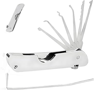 7in1 Lock Picking Kit, Portable Folding Lock Pick Set, Stainless Steel Single Hook Picks & Key Extractor, Professional Locksmith Repairing Tools, Compact Jackknife Tool for Beginners & Experts