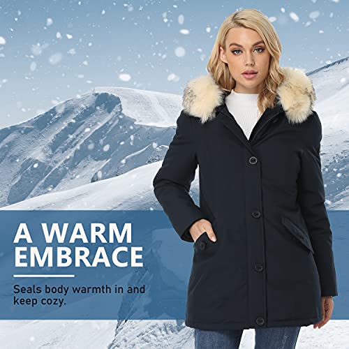 Molemsx Women's Fashion Hoodie Thickened Black Jacket, Down Alternative Spring Gift Parka Puffer Cotton Padding Outwear Climbing Long Sleeve Jacket With Fur Hood Great With Sweaters(Navy S) #TOP1