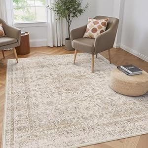 4x6 Washable Beige Area Rug Vintage Entryway Office Carpet Non-Slip Soft Low Pile Distressed Indoor Throw Rug for Living Room Bathroom Dining Room 4' x 6' (Rectangular) Light Beige