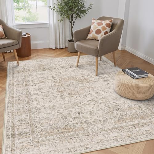 3x5 Washable Beige Vintage Area Rug for Entryway Non-Slip Low Pile Traditional Carpet Retro Distressed Soft Thin Door Mat Small Accent Throw Rug for Office Kitchen Bathroom Indoor Dorm