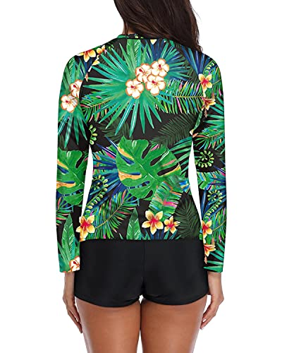 Daci Women Tropical Flower Two Piece Rash Guard Long Sleeve Swimsuits Uv Upf 50+ Swim Shirt Bathing Suit With Boyshort Bottom L #TOP3