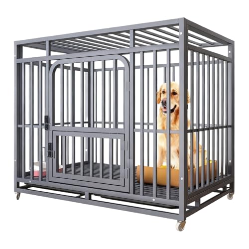 Deronder 犬用ケージ、ドッグハウス、中型犬から大型犬、厚めの角管、ペットケージ、トイレ付き、金属製の犬小屋、ケンネル、車輪付き、移動が簡単、強くて耐久性があり、逃げにくい、組み立てが簡単 (110*72*95cm,グレー)