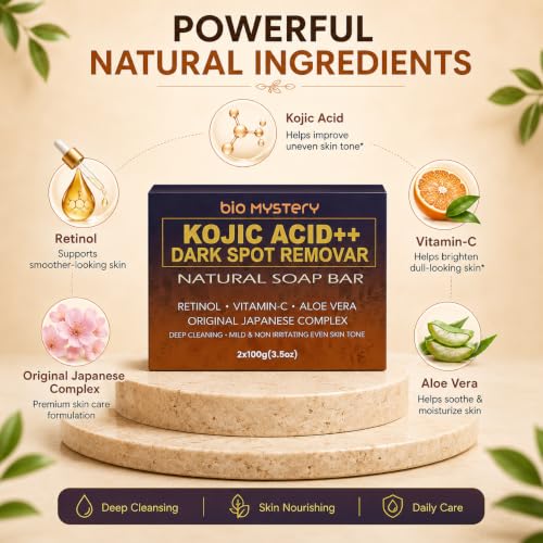 Image of Kojic Acid Natural Soap Bars (2-Pack) | Japanese-Inspired Skin Brightening Soap with Kojic Acid, Vitamin C, Retinol, Aloe & Turmeric - 2 x 100 g