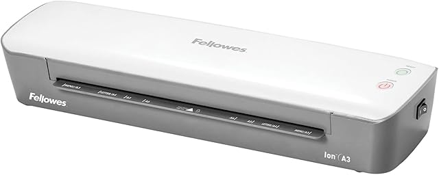 Fellowes Ion A3 Laminator Machine for Office Home School Use - Fast 4 Minute Warm Up Time with Auto Shut Off and Sleep Mode Feature  80-125 Micron  10 Laminating Pouch Starter Pack Included - White