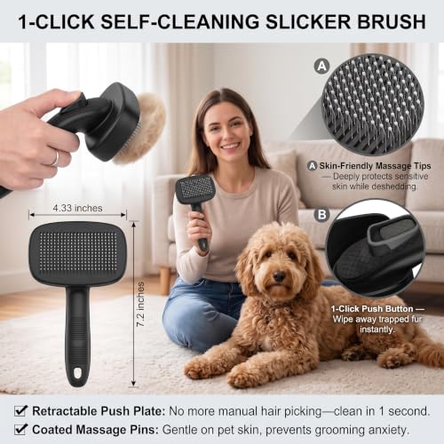 Image of 5 PCS Dog Grooming Brush Kit, Shedding for Long Haired Cats & Dogs | Self Cleaning Slicker Hair Brush, Skin Friendly Deshedding Grooming Tool for Small Large Dogs Cats Puppy Brush Set