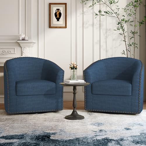 Lumibee 360° Swivel Curved Accent Chair, Round Club Armchair with Comfy Cushion for Small Space, Upholstered Barrel Chair for Living Room Bedroom-Navy Blue (2 Set)