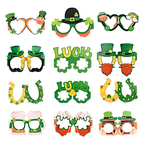 12 PCS Gafas de Papel de Día de San Patricio Accesorios para Cabina de Fotos Novedad Gafas de Fiesta de Trébol Irlandés Decoración Día de San Patricio Marco de Gafas Accesorios de Disfraces para Niños