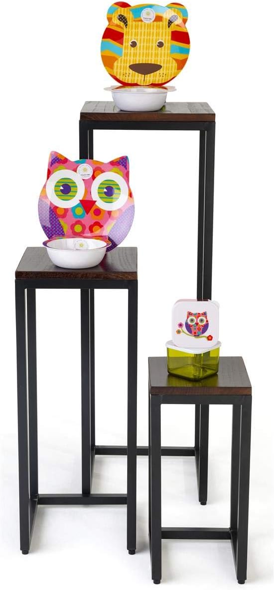 Displays2go Aluminum and Wood Nesting Table Set, Square Design - Dark Wood-Stained Finish