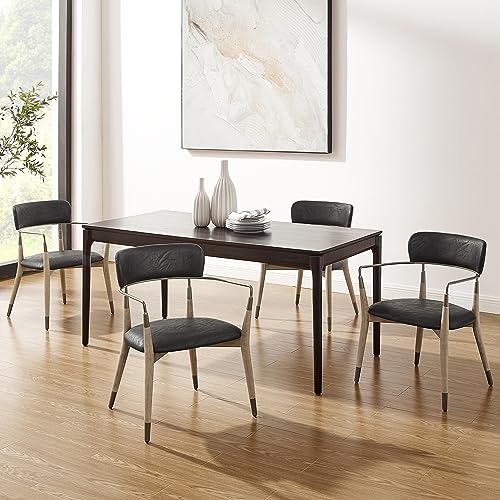 Art Leon Dining Chairs Set of 4, Faux Leather Upholstered Dining Room Chairs, Mid Century Modern Accent Chair with Wood Legs, Armchairs with Open Backrest for Kitchen Living Room Bedrom, Black