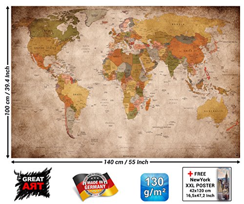 GREAT ART® XXL Poster – Retro Wereldkaart – Muurfoto Used Look Decoratie Globe Continenten Atlas Wereldkaart Old School… - Image 4