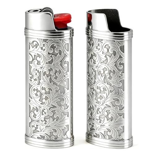Ciomszan 2pcs Metal Lighter Case Cover Holder with Vintage Floral Pattern Silver Finish Compatible with BIC Full Size J6 Lighters (Silver)