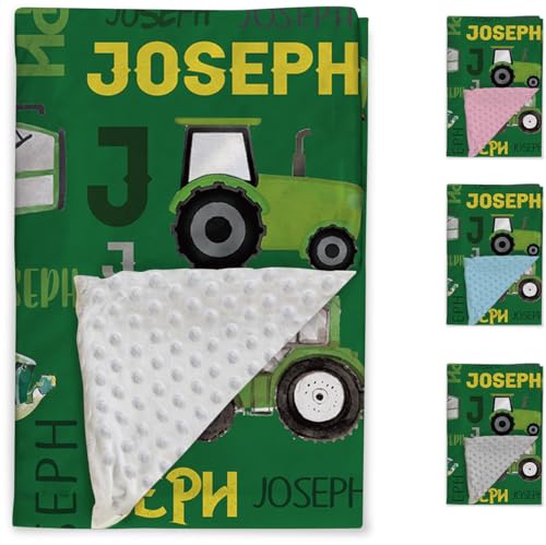 Custom Tractors Blanket - Farm Tractor Trucks Design with Personalized Names - Soft Plush Flannel Throw Blanket with Double Layer Dotted Backing for Baby Kids Teen Boys Girls Gifts Green