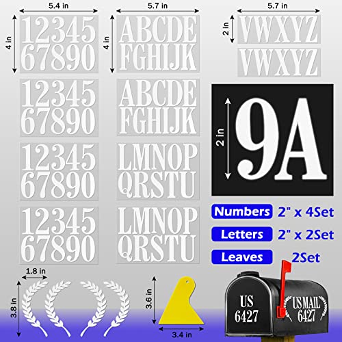 2" Reflective Mailbox Numbers Letters Stickers For Outside,Self Adhesive Mailbox Decal Numbers 4 Set(0-9),Letters 2 Set(A-Z),Leaves 2 Set,Vinyl House Address Stickers For Mailbox,Signs,Cars(White) #TOP1