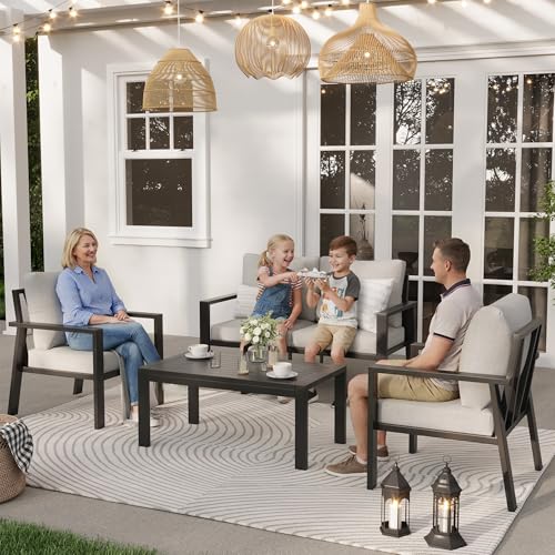 Image of 4-Piece Aluminum Outdoor Patio Furniture Sets All-Weather Patio Conversation Set Sectional Sofa with Coffee Table & Cushions with Removable Covers for for Deck Backyard Garden Poolside Balcony Porch