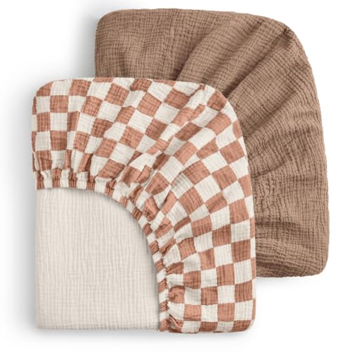 Image of Blissful Diary Muslin Mini Crib Sheets, 2 Pack, Brown Checkboard & Brown | fitted for pack n play, soft and breathable cotton, boho style, easy care for machine wash, gifts for boys and girls