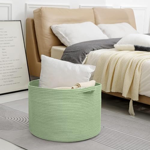 Image of MEGASKET Extra Large Green Basket, 22 inch X 22 inch X 14 inch Woven Cotton Rope Baskets for Blankets, Nursery Laundry Basket, Cute Kids Toy Storage Bin, Green Living Room Bedroom Decor Baskets for Organizing