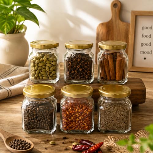 Image of Pure Source India Premium Clear 6 Pcs Glass Jar with Gold Lug Cap | Airtight Food Storage Jar for Honey, Jam, Pickles, Spices & Preserves (100 gm)