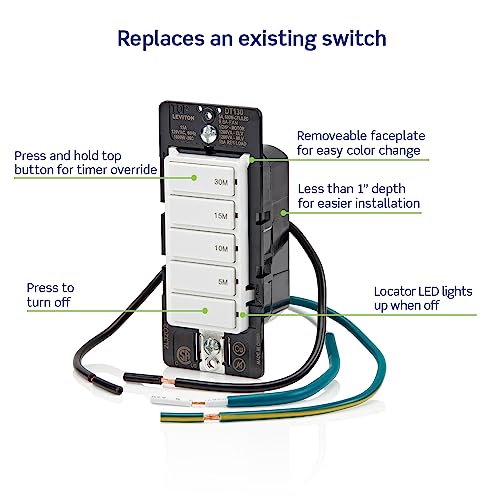 Image of Leviton Countdown Timer Switch for bathroom fan and household lights, 5-10-15-30 min, No Neutral Required, Single Pole, 15A, 1 /2 HP /9.8A Fan /Motor, DT130-1LW, White