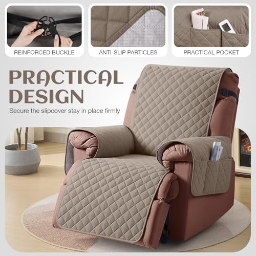 Image of KinCam 100% Waterproof Recliner Chair Cover, Reclining Couch Covers for Pets, Dogs, Recliner Couch Slipcover Furniture Protector with Elastic Straps for Kids(23.6 inch, Taupe)