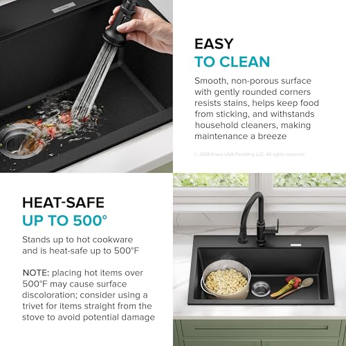 KRAUS Quarza 31-inch Drop-In/Undermount Single Bowl Granite Kitchen Sink in Black Onyx, KGD-412B by Kraus - Image 7