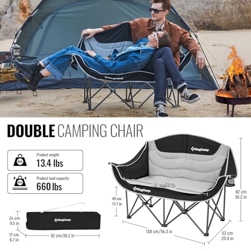 Image of KingCamp Double Camping Chair, Oversized Heavy Duty 660lbs Loveseat for Adults Portable Folding XL 2 Person Couch Padded Comfortable Two Seat with Cup Holder for Outdoor Lawn Backyard, Black /Grey