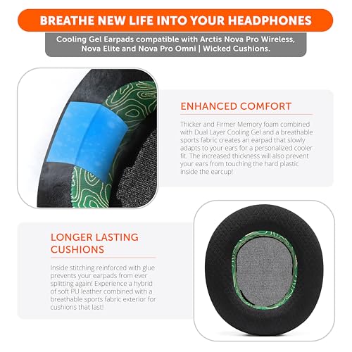 Image of WC Freeze Nova Pro Wireless - Cooling Gel Earpads for Arctis Nova Pro Wireless, Nova Elite & Nova Pro Omni (Doesn't Fit Other Models), by Wicked Cushions, Extra Thick & Comfortable | Emerald Tide