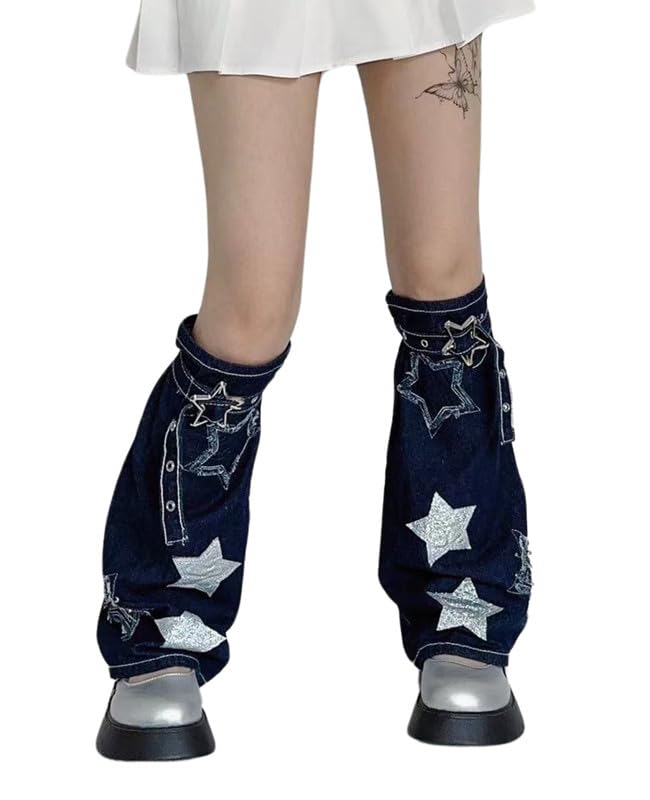 Image of Hopecn Girls Leg Warmers Y2K Skull&Star Print Two Side Wear Knitted Goth Leg Warmer 80s Loose Kawaii Streetwear Socks.