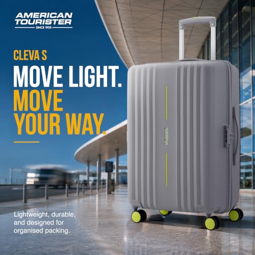 Image of American Tourister Cleva S | Luggage Trolley Bag (67 cm) | 360 8 Wheel Travel Luggage | 2 Compartments | Hard Luggage Polypropylene Suitcase | Mounted TSA Lock | 3 Years Global Warranty | Grey & Lime