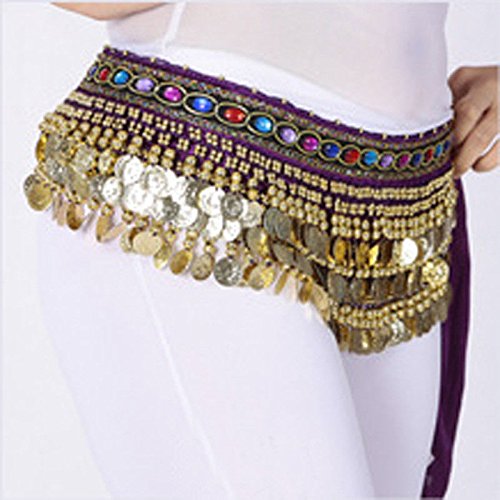 Image of VRITRAZ Women's Chiffon Belly Dance Hip Scarf Waistband Belt Skirt Mixed Colors Beads and Golded Coins 56 Black