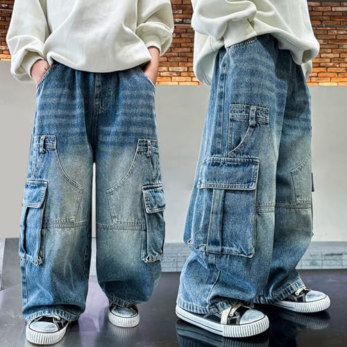 Girls Boys Y2k Streetwear Wide-Leg Jeans Pants Cool Hip Pop Trendy Straight Denim Trousers Zipper Pocket Baggy Cargo Pants4