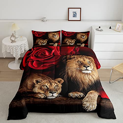 Erosebridal Rose Flower Room Decor Comforter Set, Animal Lion Print Bedding Set for Kids Teen Boys Girls Home Bedroom, Floral Comforter Sets, Modern Style Down Alternative Queen Size