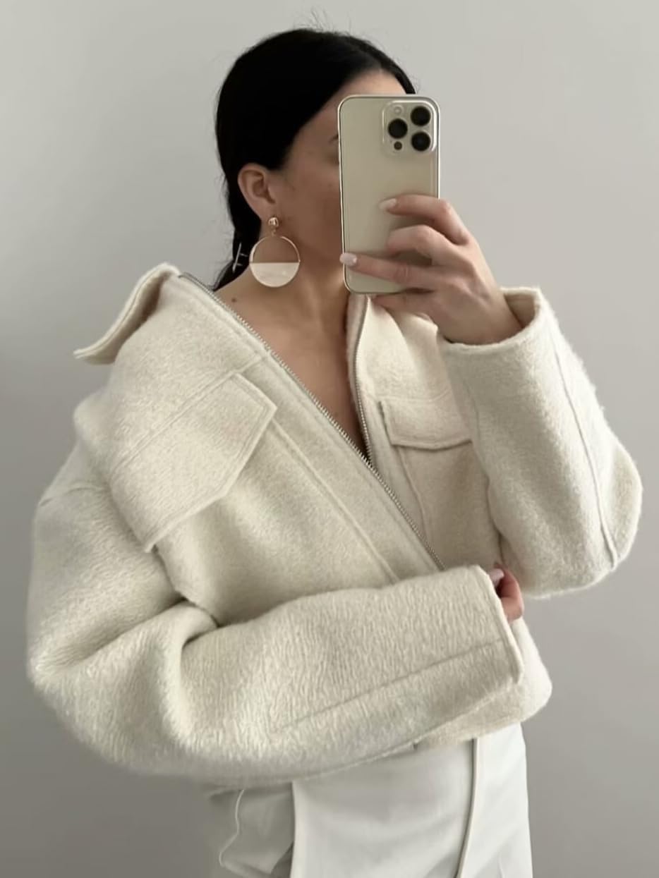 hathne Women's Wool Coat Casual Copped Bomber Jacket Zip Up Fall Shacket Coat Outerwear with Pockets - Image 6