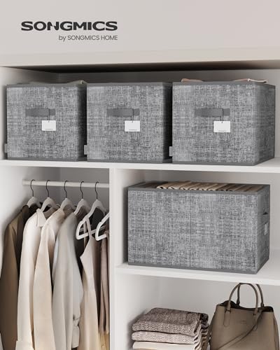 SONGMICS Aufbewahrungsbox 3er Set, zusammenklappbar, Stoffboxen aufbewahren, 50 x 30 x 30 cm, für Kleiderschrank, 2 Griffe, Etikette, für Schlafzimmer Wohnzimmer, schilfgrau ROB450G01