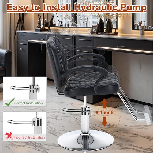 Image of Barber Salon Chair, 6.1'' Adjustable Height Barber Styling Chairs, 360 Swivel Hydraulic Hair Chairs, Thick Padded PU Seat, Metal Footrest Salon Chair for Hair Stylist Barbershop & Home Black