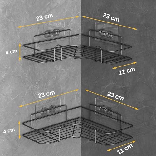 Image of Self Adhesive Bathroom Corner Shelf Without Drill, Stainless Steel Corner Rack, Shampoo Holder, Bathroom Storage Organizer, Rustproof (Black, Pack of 2)